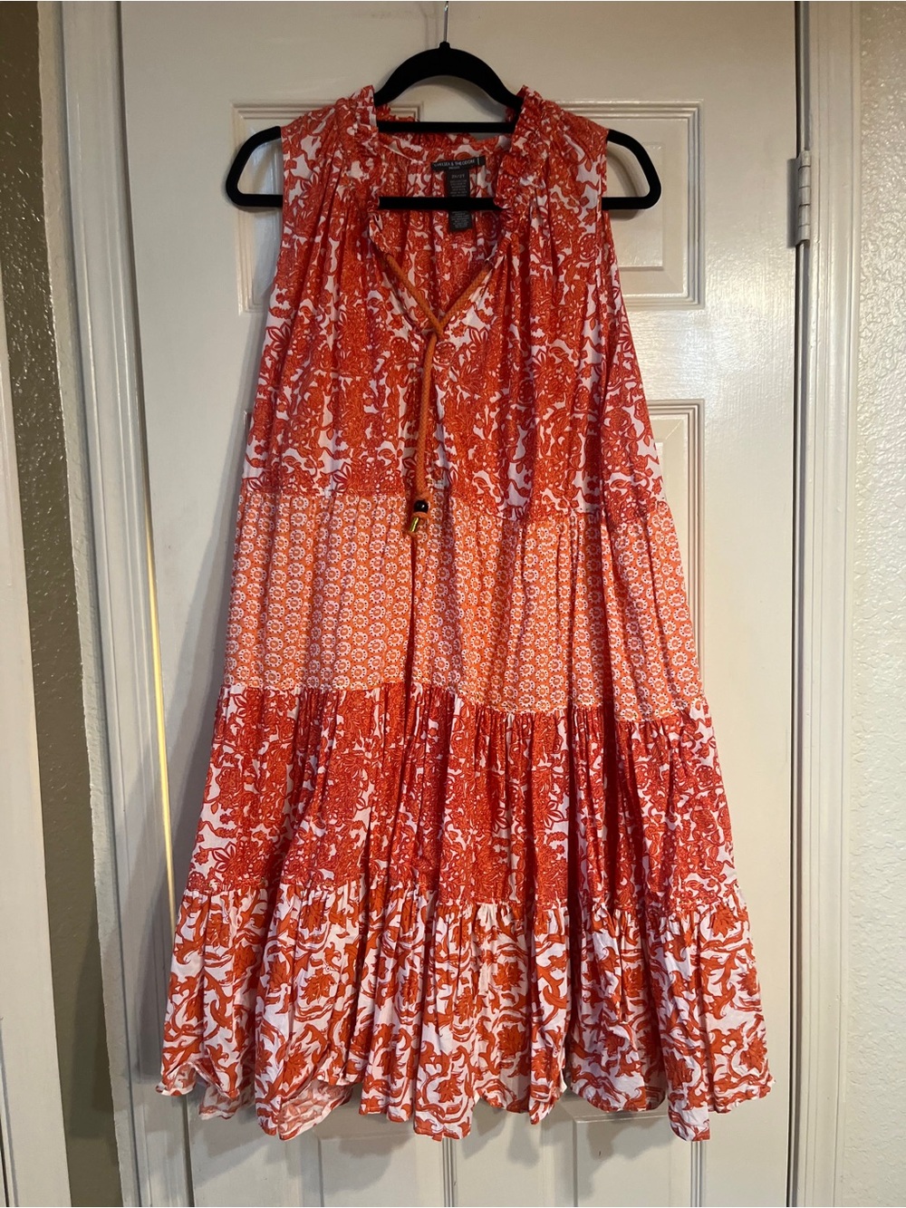 Chelsea & Theodore Orange and White Tiered A-Line Midi Dress